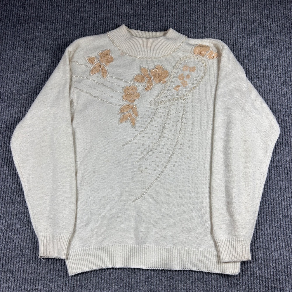 Alfred Dunner Vintage Sweater Womens 1X Cream Beaded Sequin Floral Knit Ivory